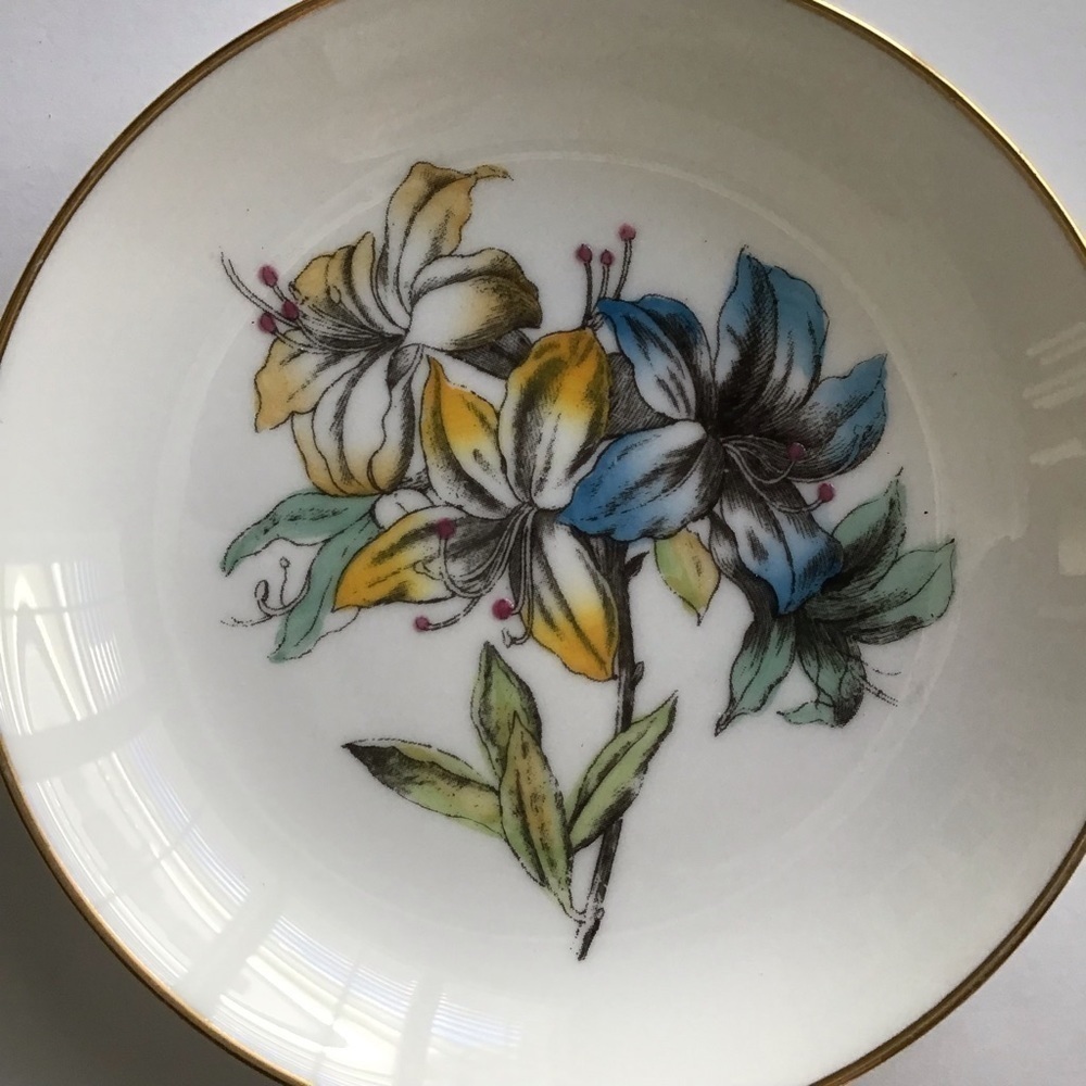 Minton English Bone China Tiger Lilly Trinket Dish Blue & Yellow Floral Vintage
